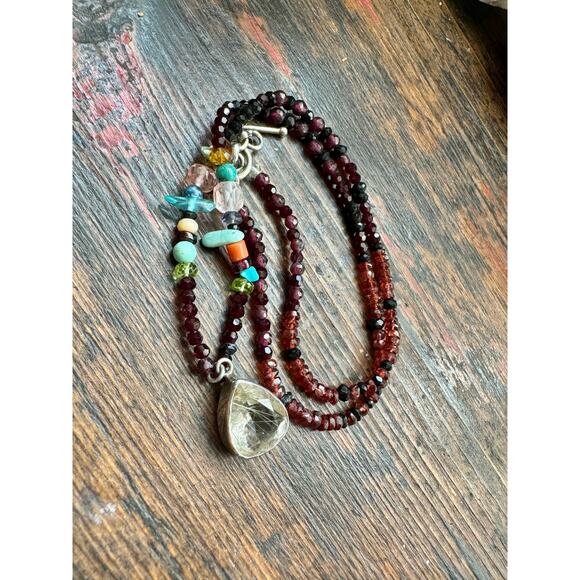 Golden Rutile Quartz Pendant Garnet Turquoise Coral Black Spinel Beaded Neckace - Picture 6 of 8